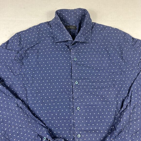 Saks Fifth Avenue Mens Seersucker Shirt Large Navy White Dotted Classic Preppy - Picture 3 of 10